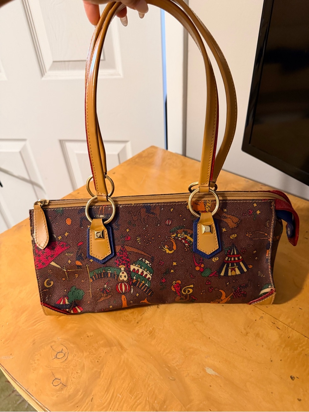 Piero Guidi Brown Magic Circus Print Shoulder Bag with Tan Handles